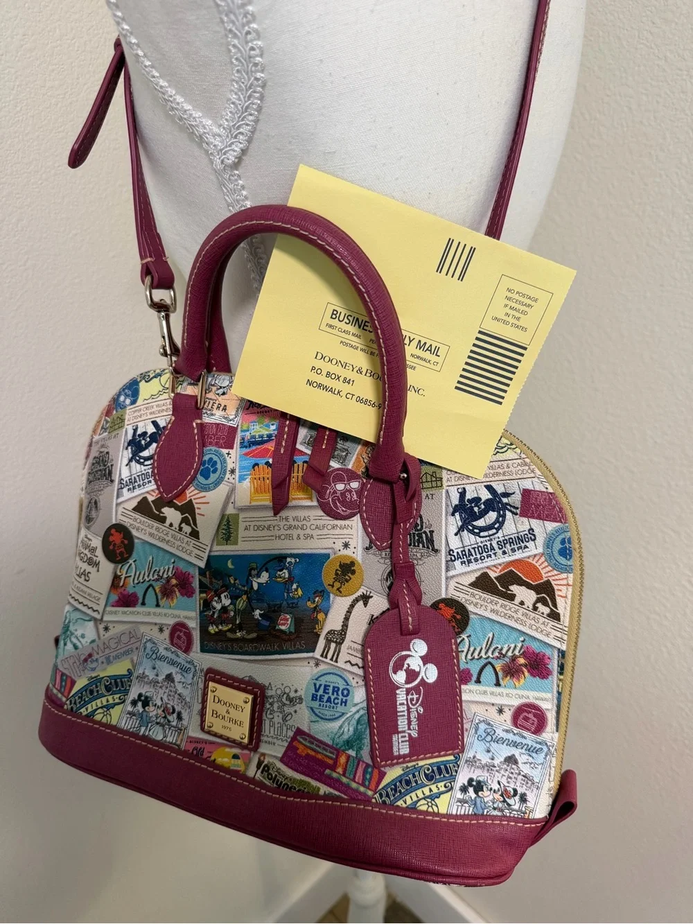 Dooney & Bourke Multicolor Disney Vacation Club Dome Satchel Burgundy Trim Purse